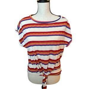 Retro Style Rainbow Stripe Tie-Front Short Sleeve Knit Top | Size Small